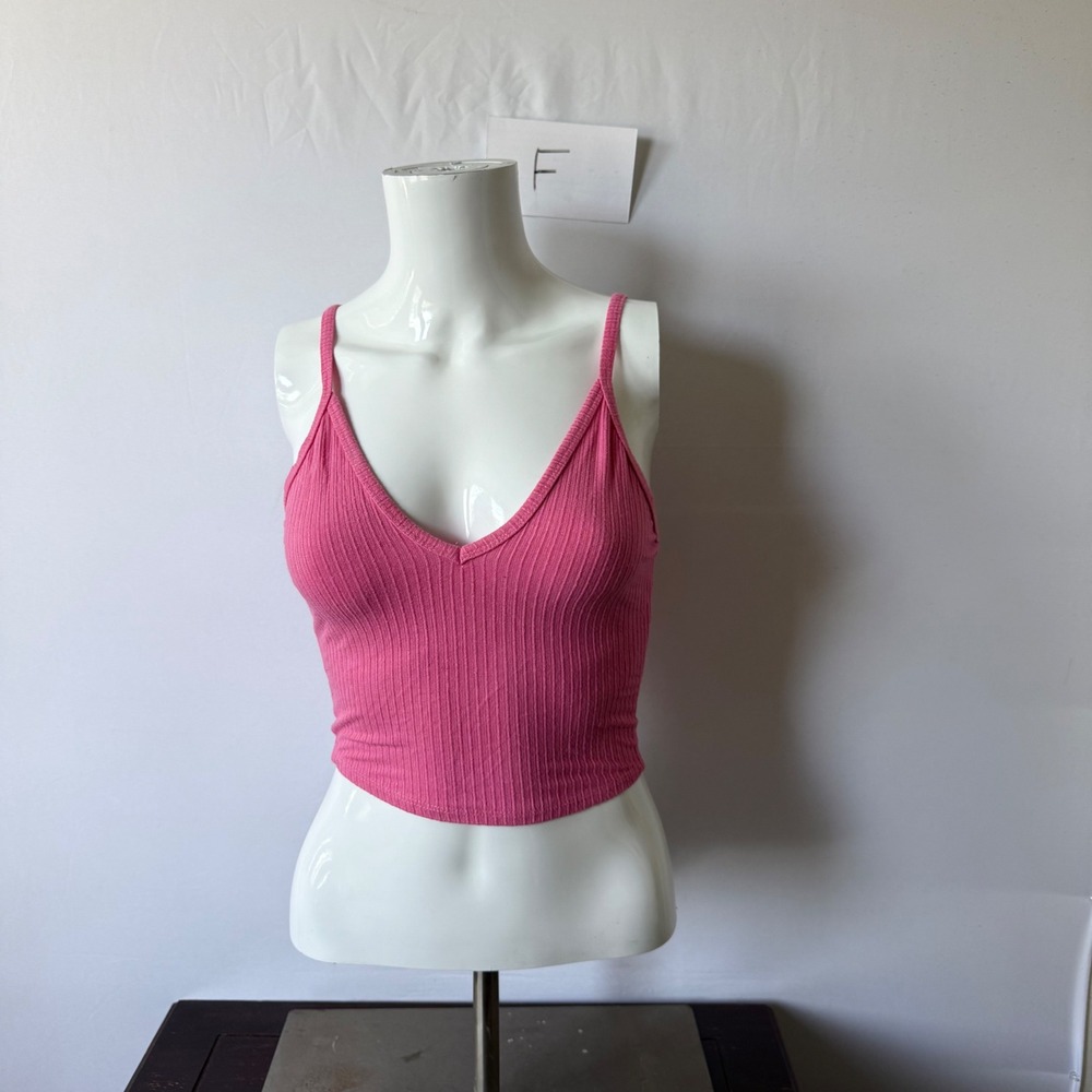 Destined Cami Top Ribbed Knit V-Neck Crop Pink Small